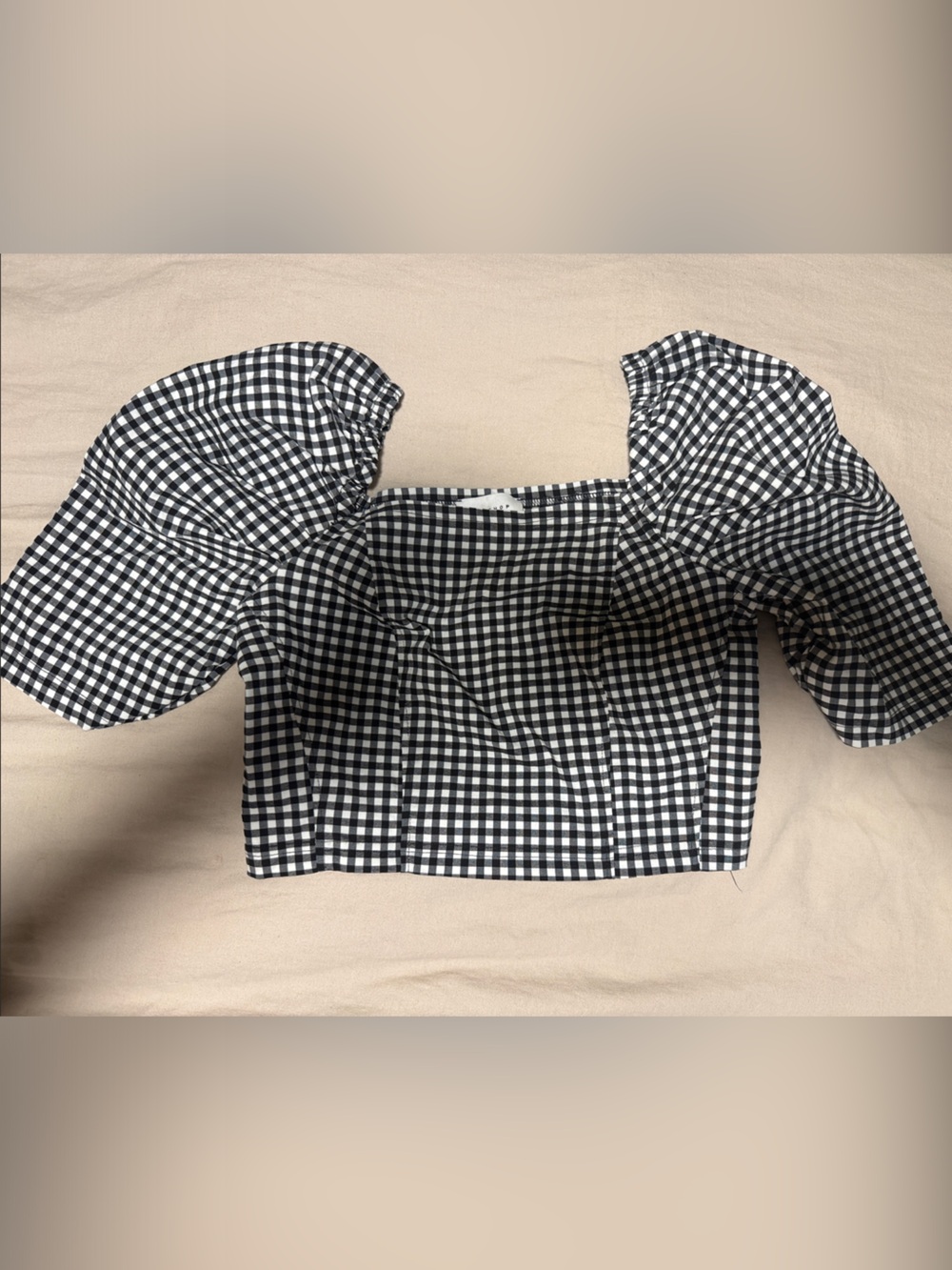 TOP SHOP Black & White Gingham Puff Sleeve Crop Top | US 6 NWOT